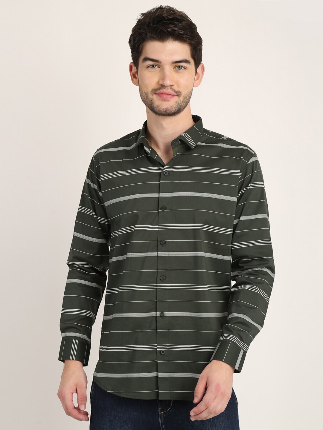 

COLVYNHARRIS JEANS Men Slim Fit Horizontal Stripes Striped Casual Shirt, Green