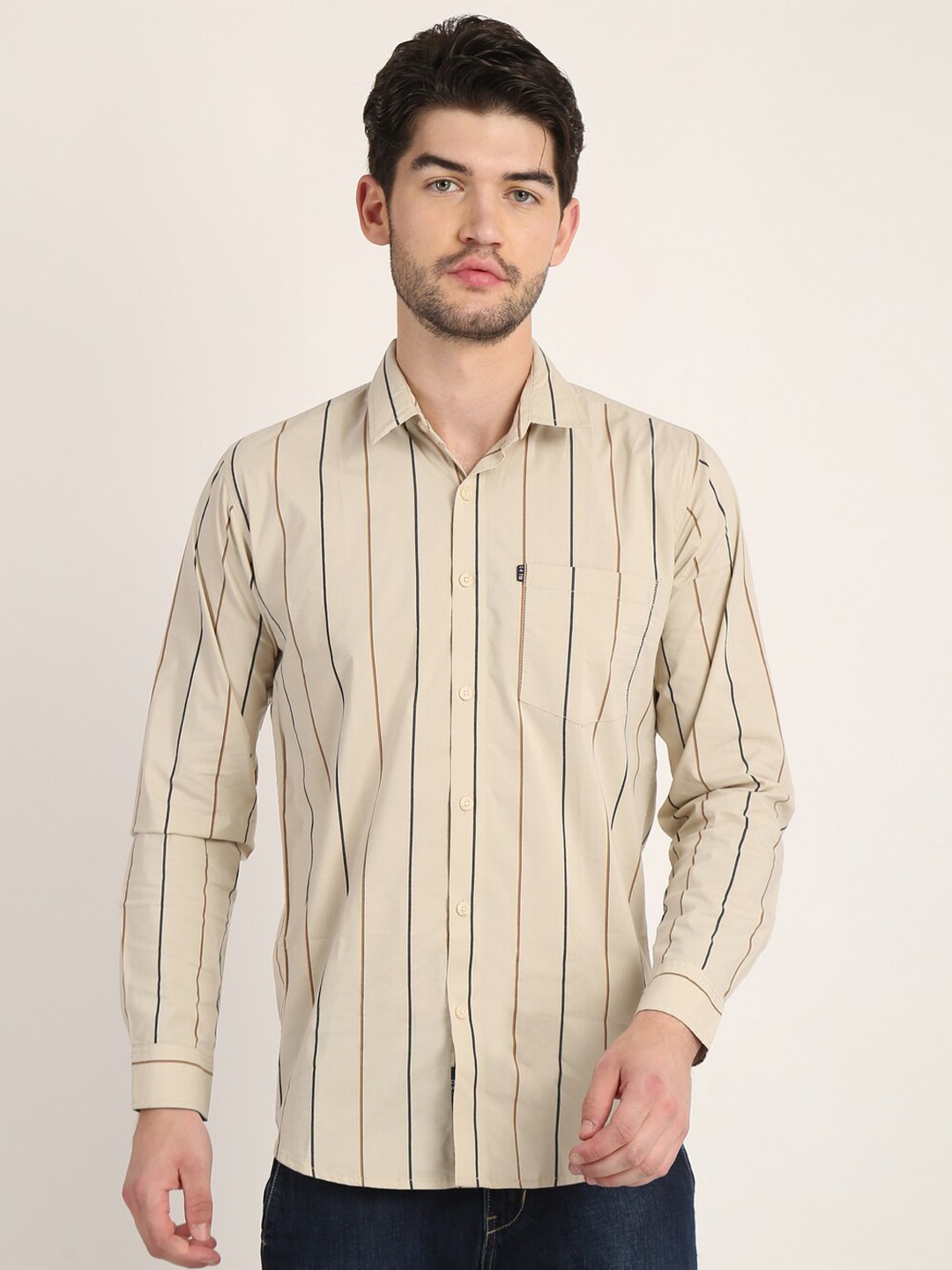 

COLVYNHARRIS JEANS Men Cotton Slim Fit Striped Casual Shirt, Beige