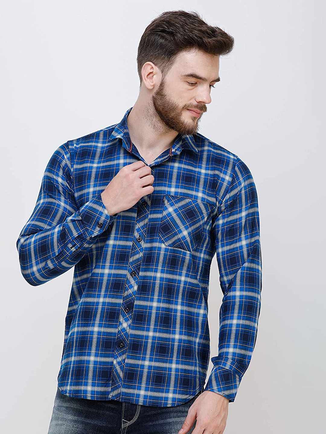 

COLVYNHARRIS JEANS Men Slim Fit Tartan Checks Checked Cotton Casual Shirt, Blue