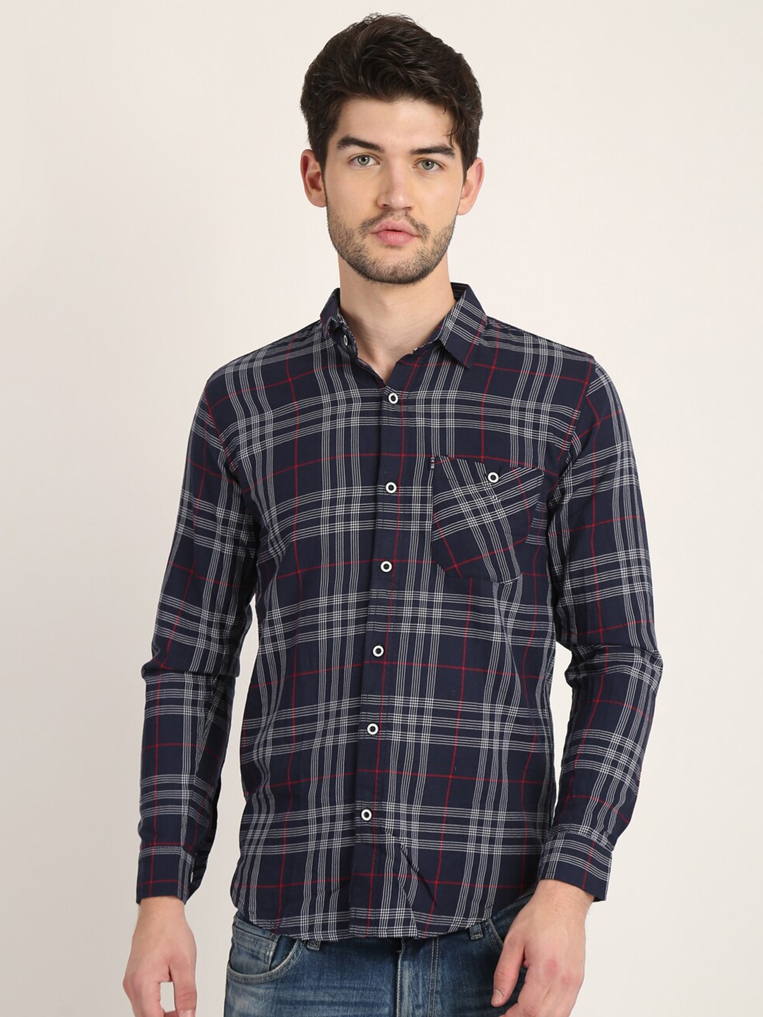 

COLVYNHARRIS JEANS Men Slim Fit Tartan Checks Checked Casual Shirt, Navy blue