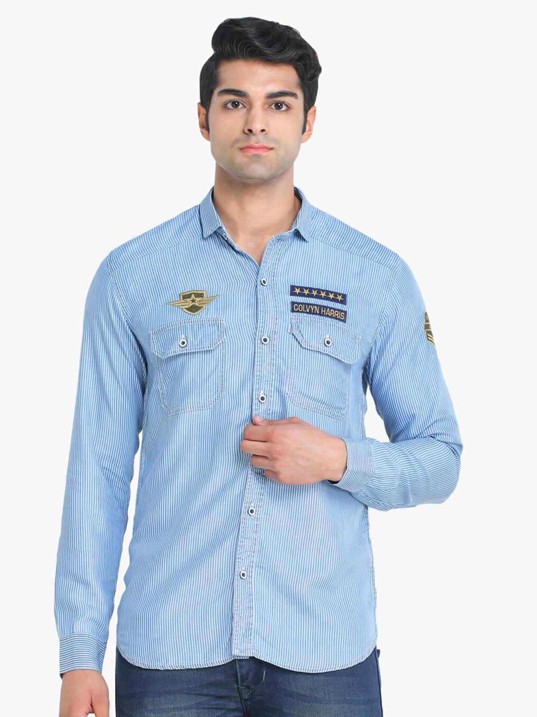 

COLVYNHARRIS JEANS Men Slim Fit Striped Cotton Casual Shirt, Blue