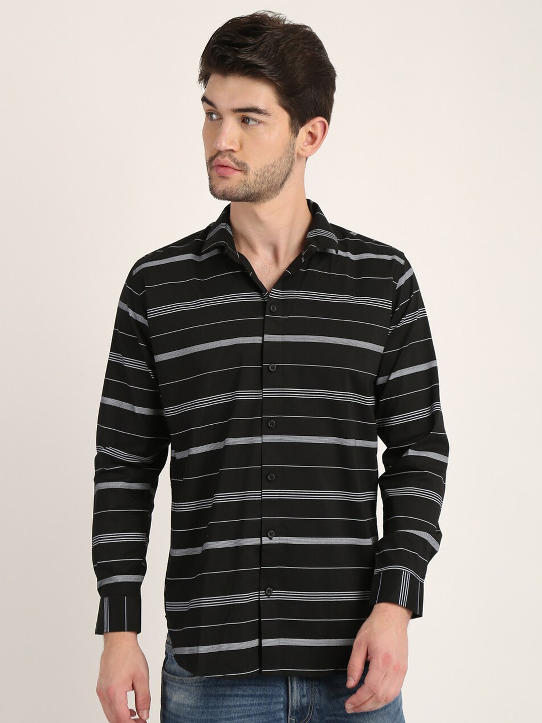 

COLVYNHARRIS JEANS Men Black Slim Fit Horizontal Stripes Striped Casual Shirt