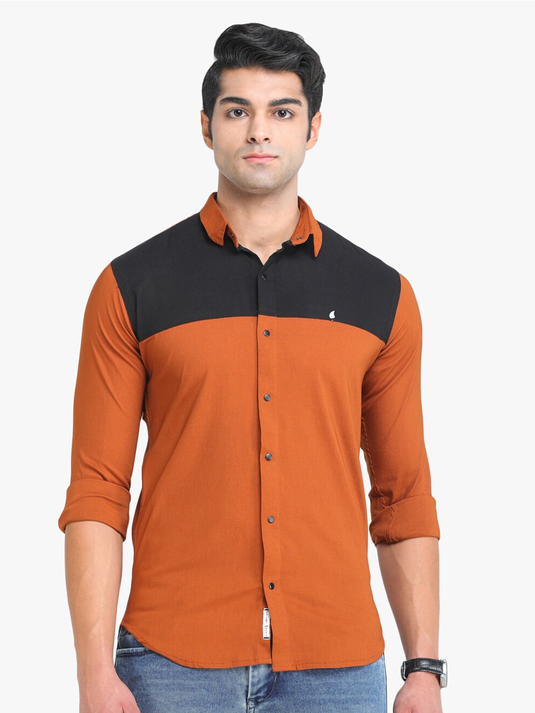 

COLVYNHARRIS JEANS Men Cotton Slim Fit Colourblocked Casual Shirt, Orange