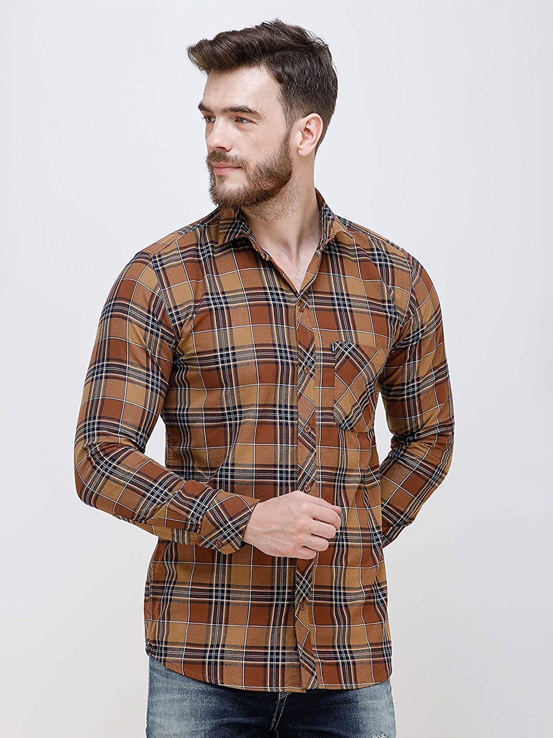 

COLVYNHARRIS JEANS Men Checked Cotton Slim Fit Casual Shirt, Brown