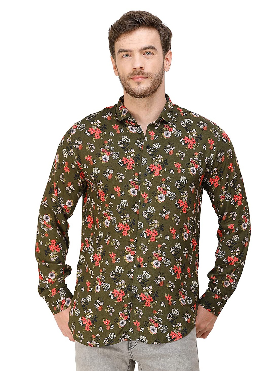 

COLVYNHARRIS JEANS Men Slim Fit Floral Printed Casual Shirt, Olive