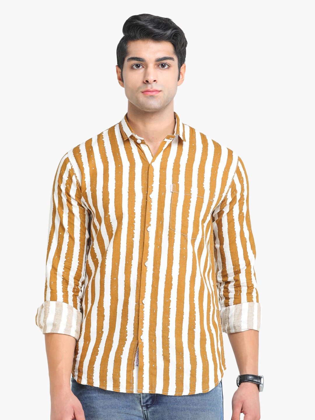 

COLVYNHARRIS JEANS Men Slim Fit Striped Casual Shirt, Yellow