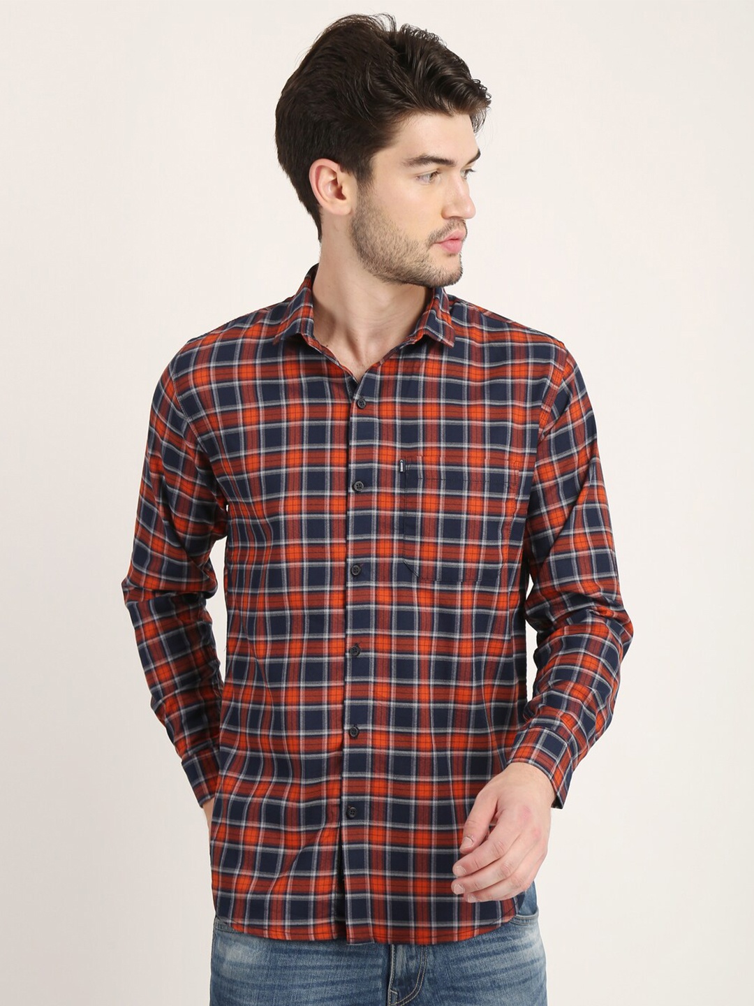

COLVYNHARRIS JEANS Men Slim Fit Tartan Checks Checked Casual Shirt, Orange