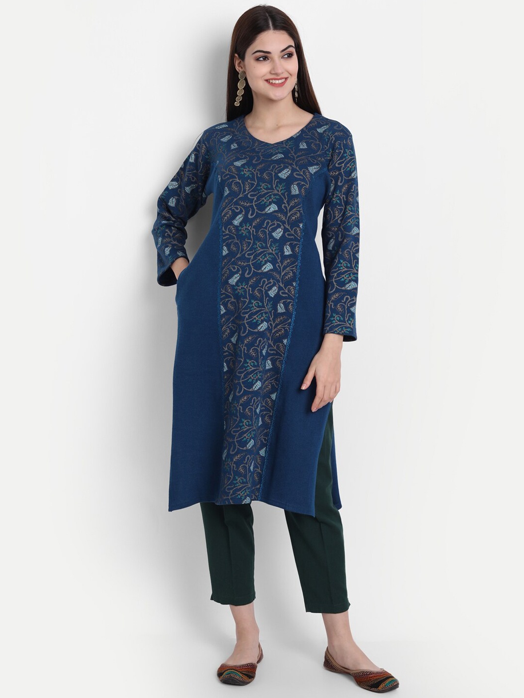 

SUTI Ethnic Motifs Printed V-Neck A-Line Kurta, Blue