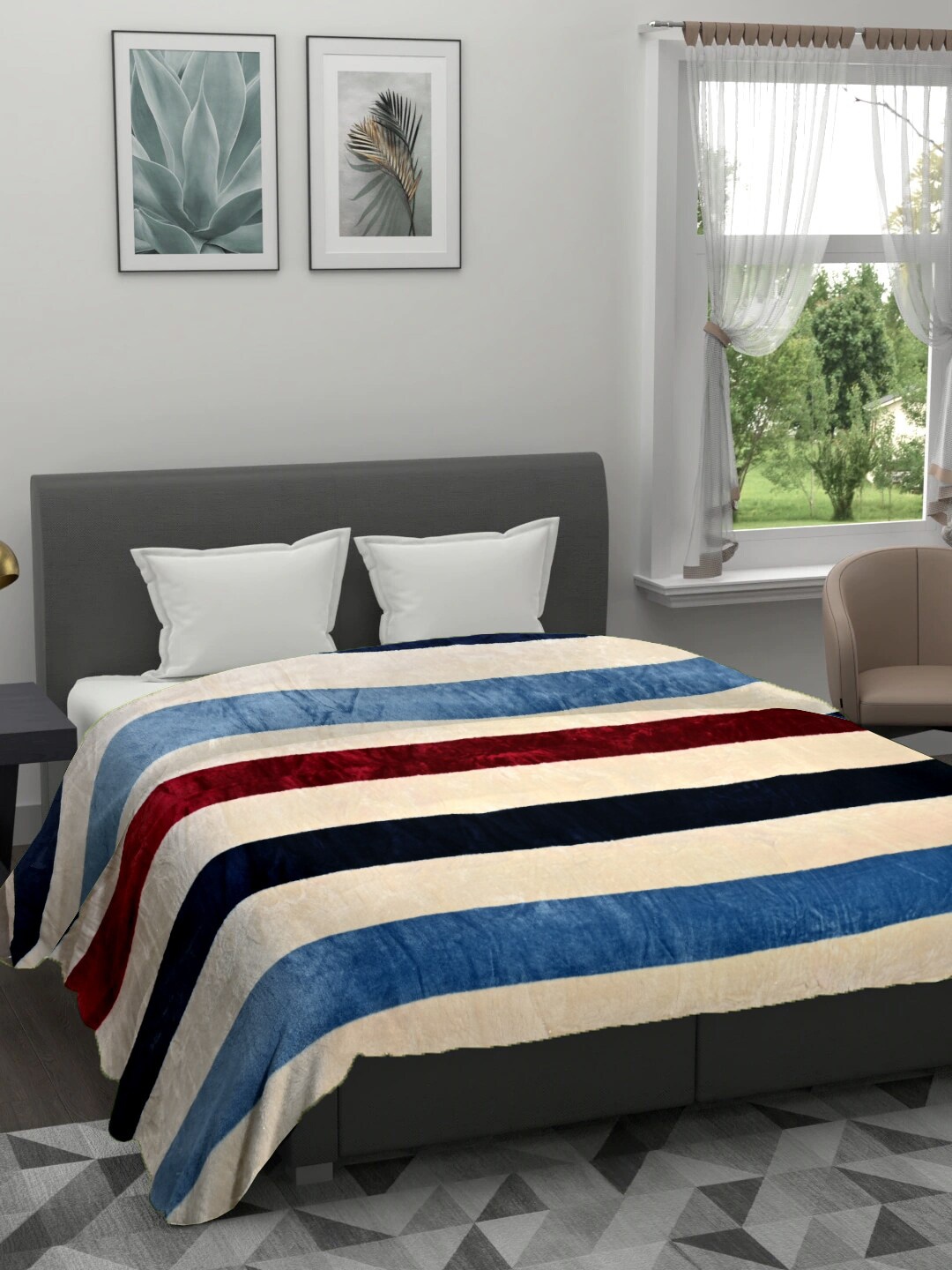 

Cortina Striped AC Room 150 GSM Double Bed Blanket, Beige