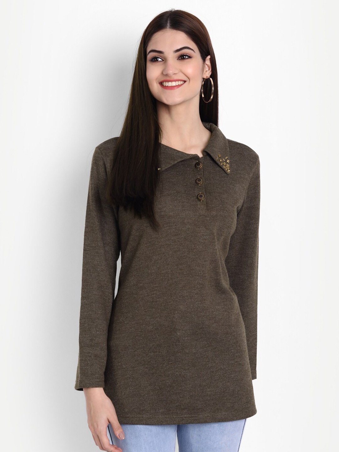 

SUTI Woolen Shirt Collar Top, Brown