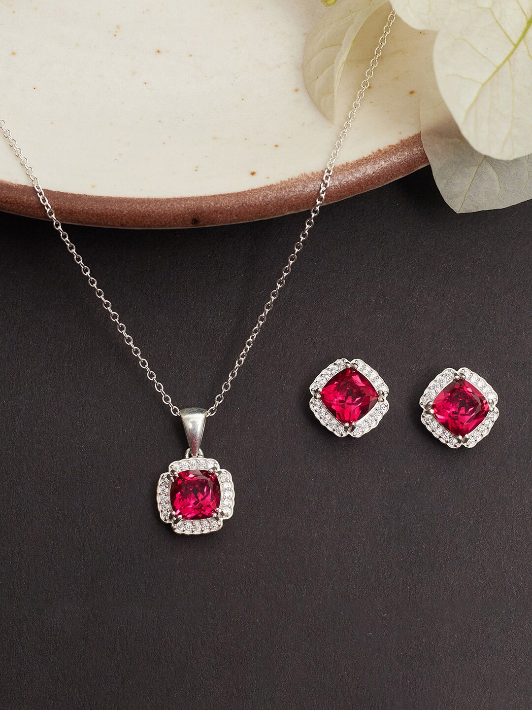 

Studio Voylla Square Cut 925 Sterling Silver CZ-Studded Jewellery Set, Pink