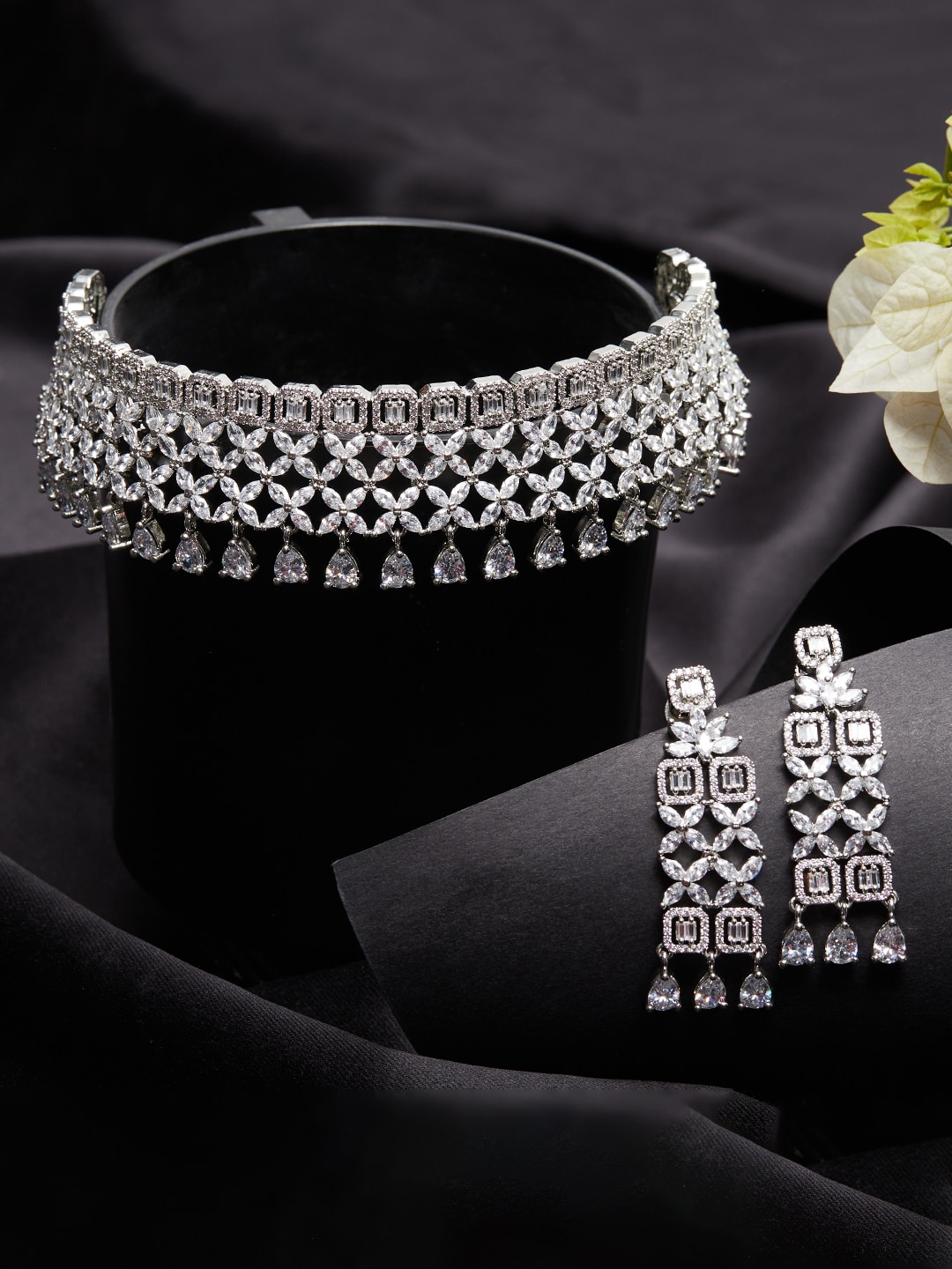 

Voylla Women Silver-Plated Cubic Zirconia-Studded Jewellery Set, White