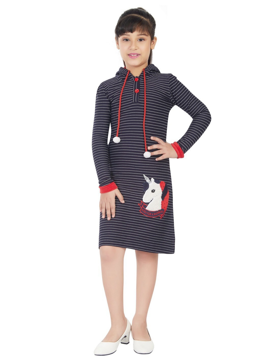 

Peppermint Striped Applique Detailed Hooded Jumper Dress, Navy blue