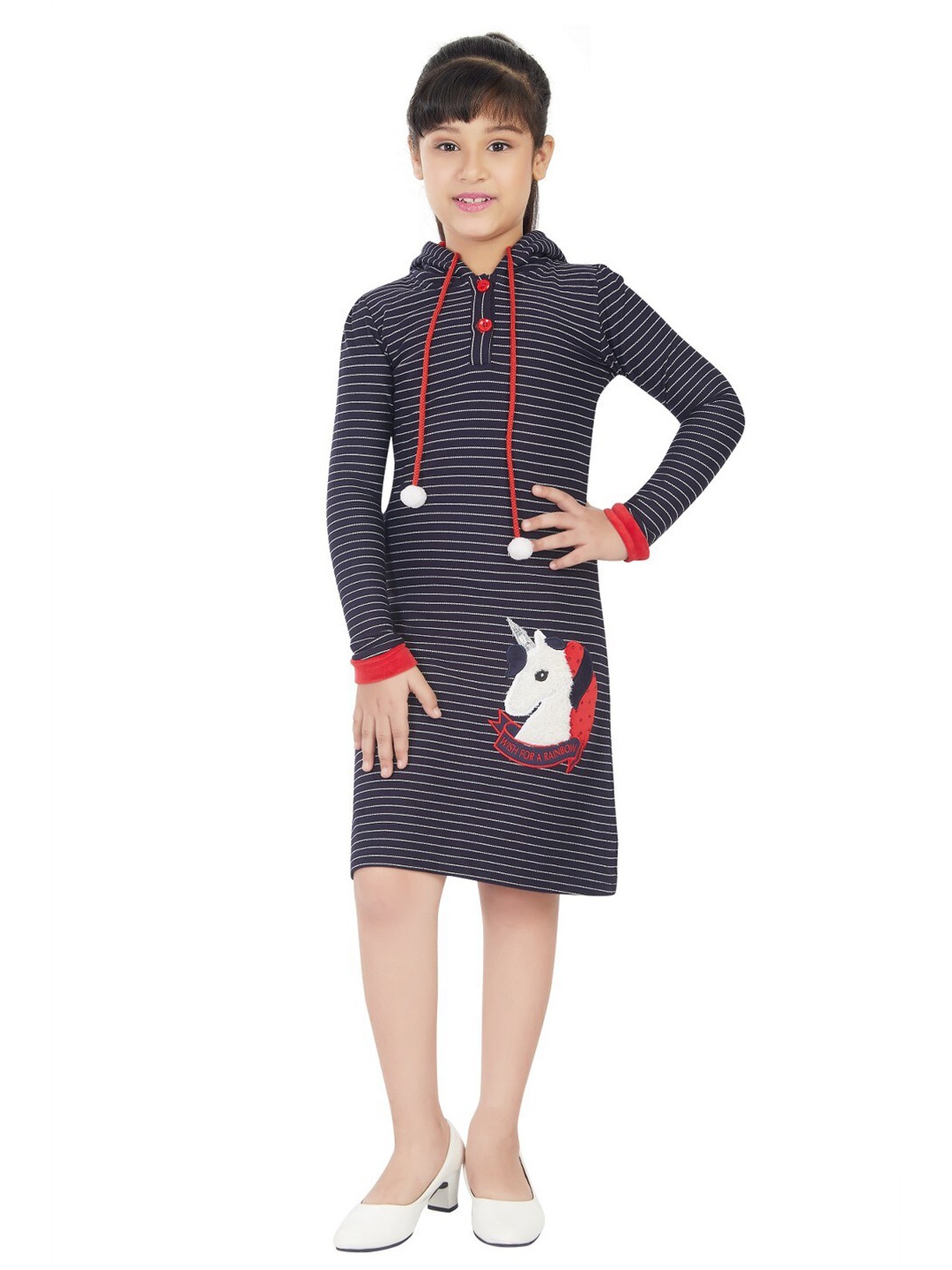 

Peppermint Girls Cotton Striped Dress, Navy blue