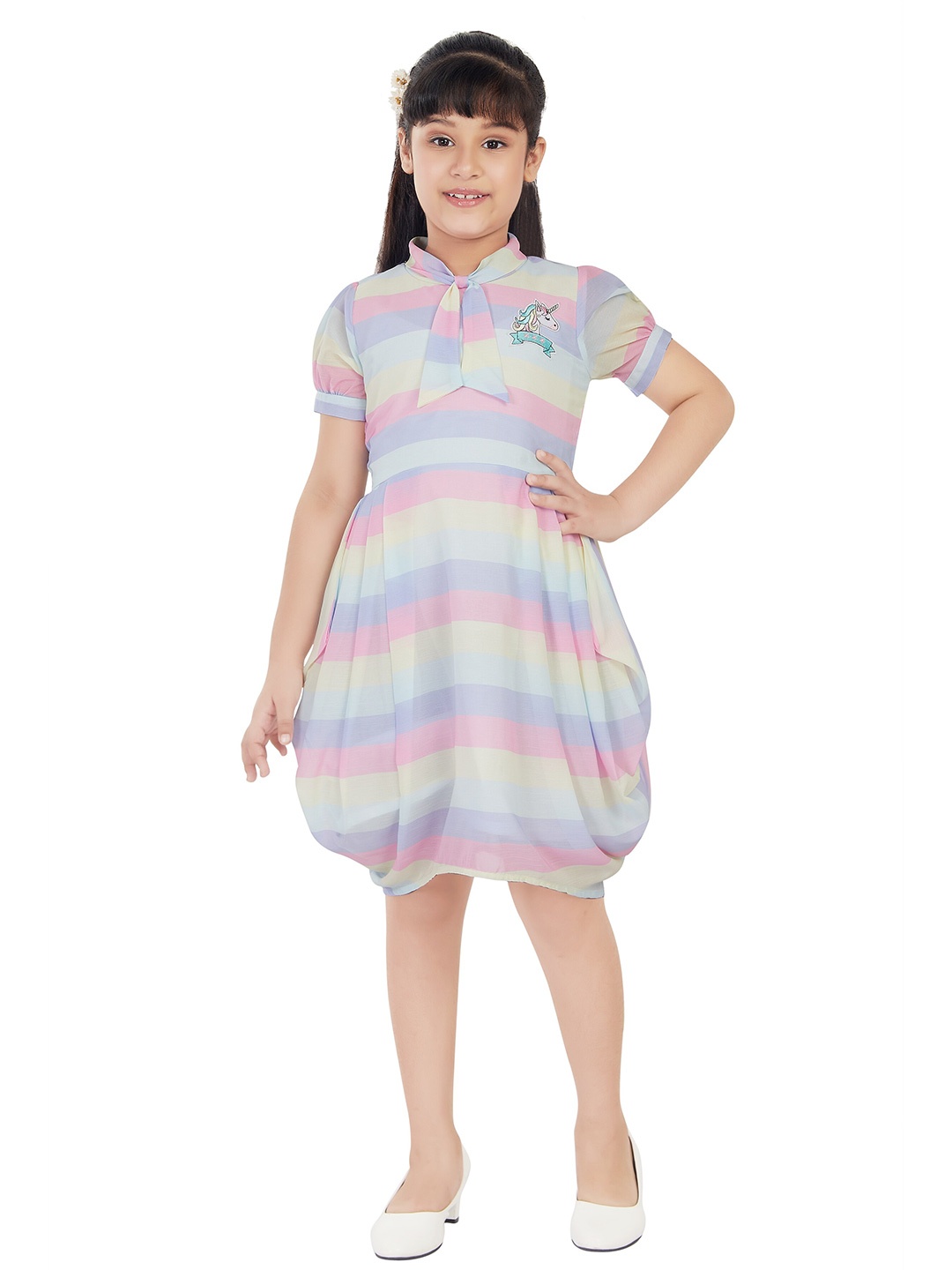 

Peppermint Girls Striped Tie-Up Neck Balloon Dress, Yellow