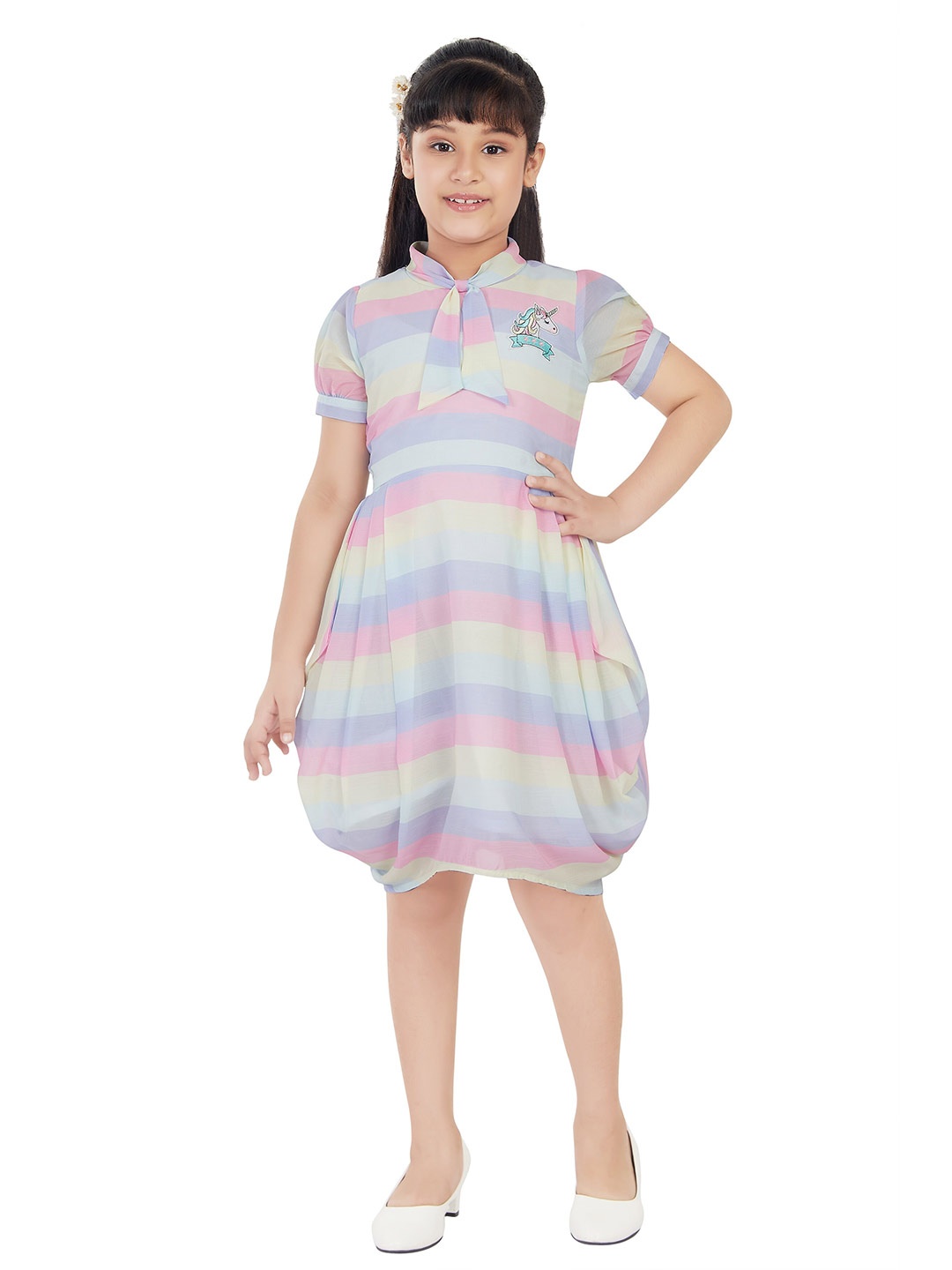 

Peppermint Girls Striped Tie-Up Neck A-Line Cotton Dress, Pink