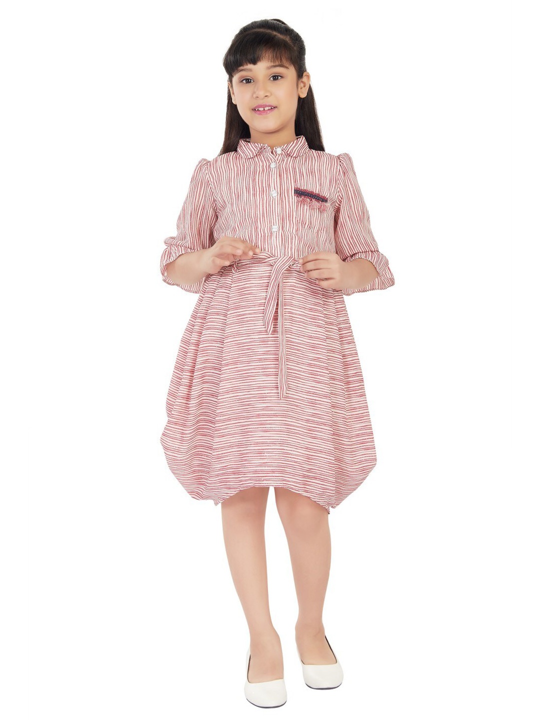 

Peppermint Girls Shirt Collar Striped Cotton Dress, Red