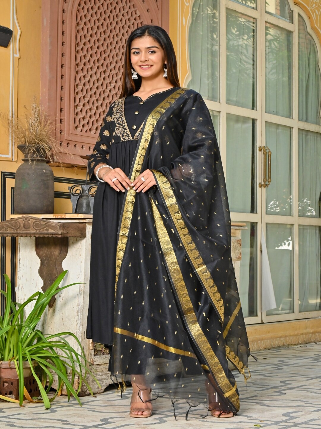 

Sangria Women Black Ethnic Motifs Embroidered Anarkali Kurta With Dupatta