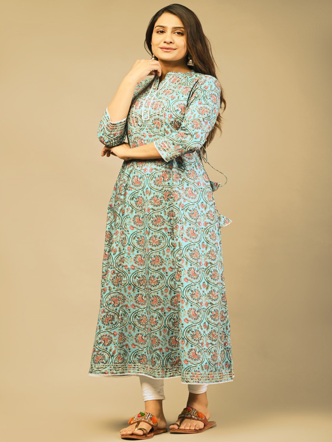 

Sangria Ethnic Motifs Printed Thread Work Anarkali Cotton Kurta, Turquoise blue