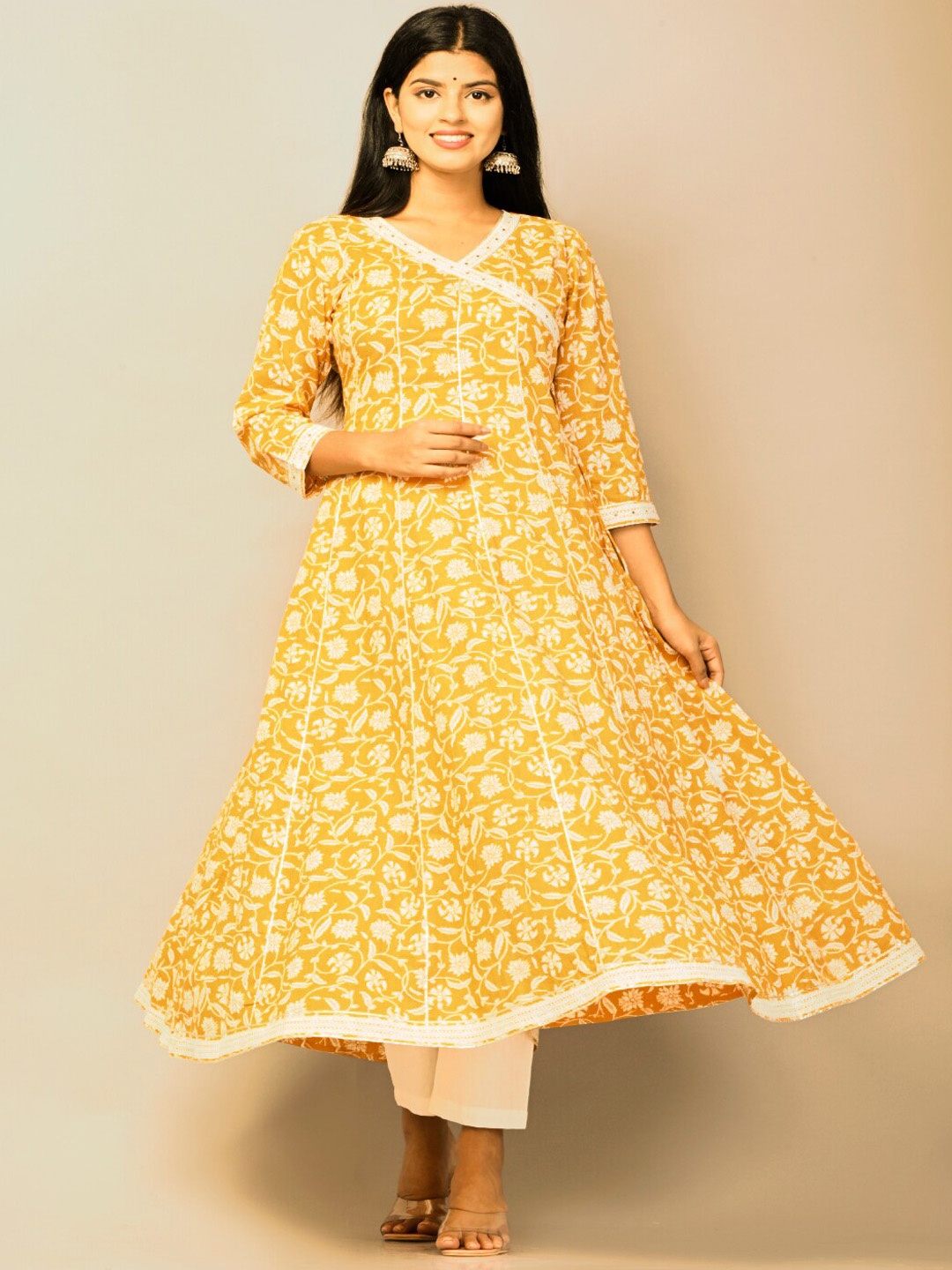 

Sangria Floral Printed Anarkali Cotton Kurta, Mustard