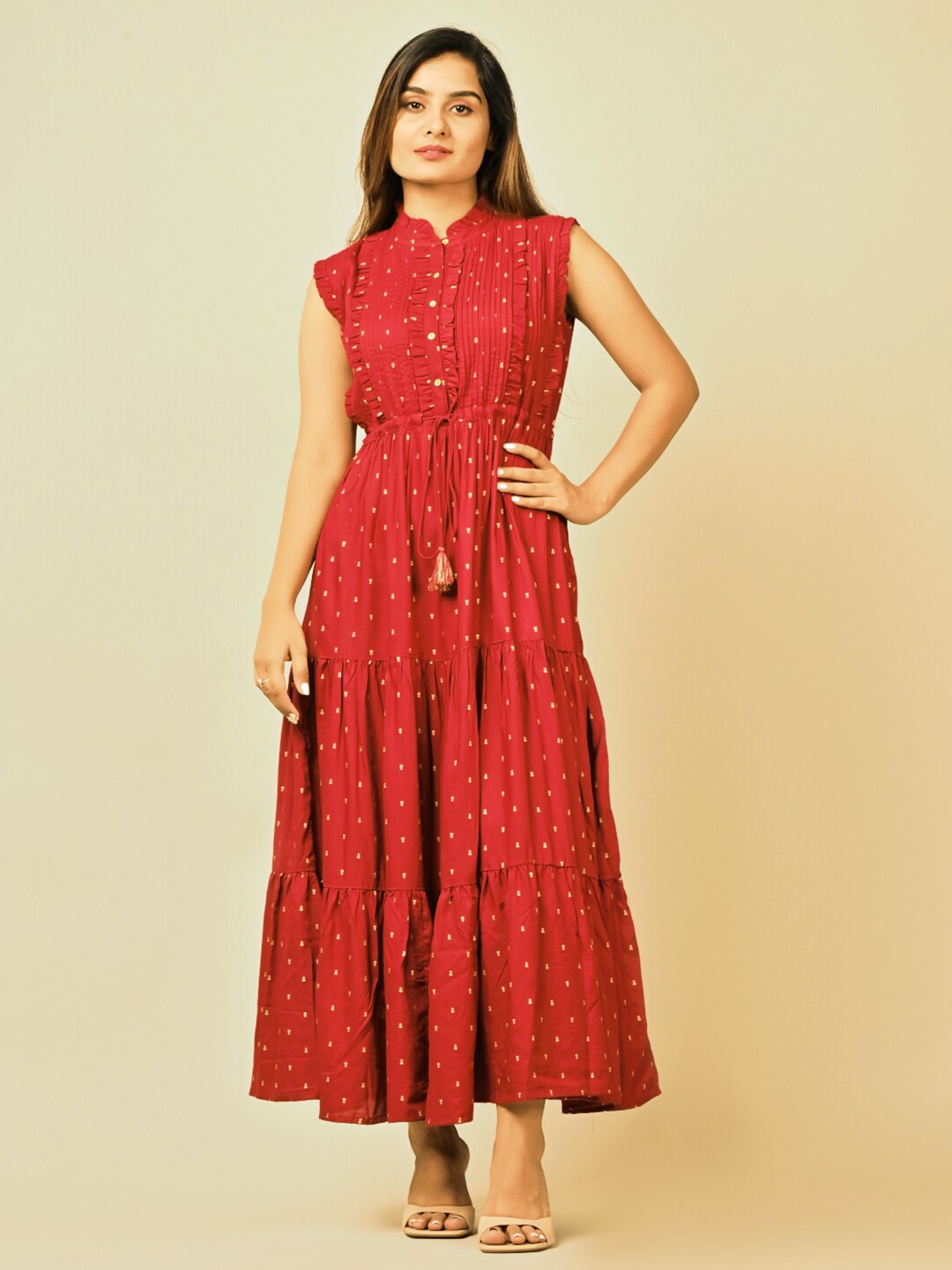 

Sangria Ethnic Motifs Printed Mandarin Collar Midi Dress, Red