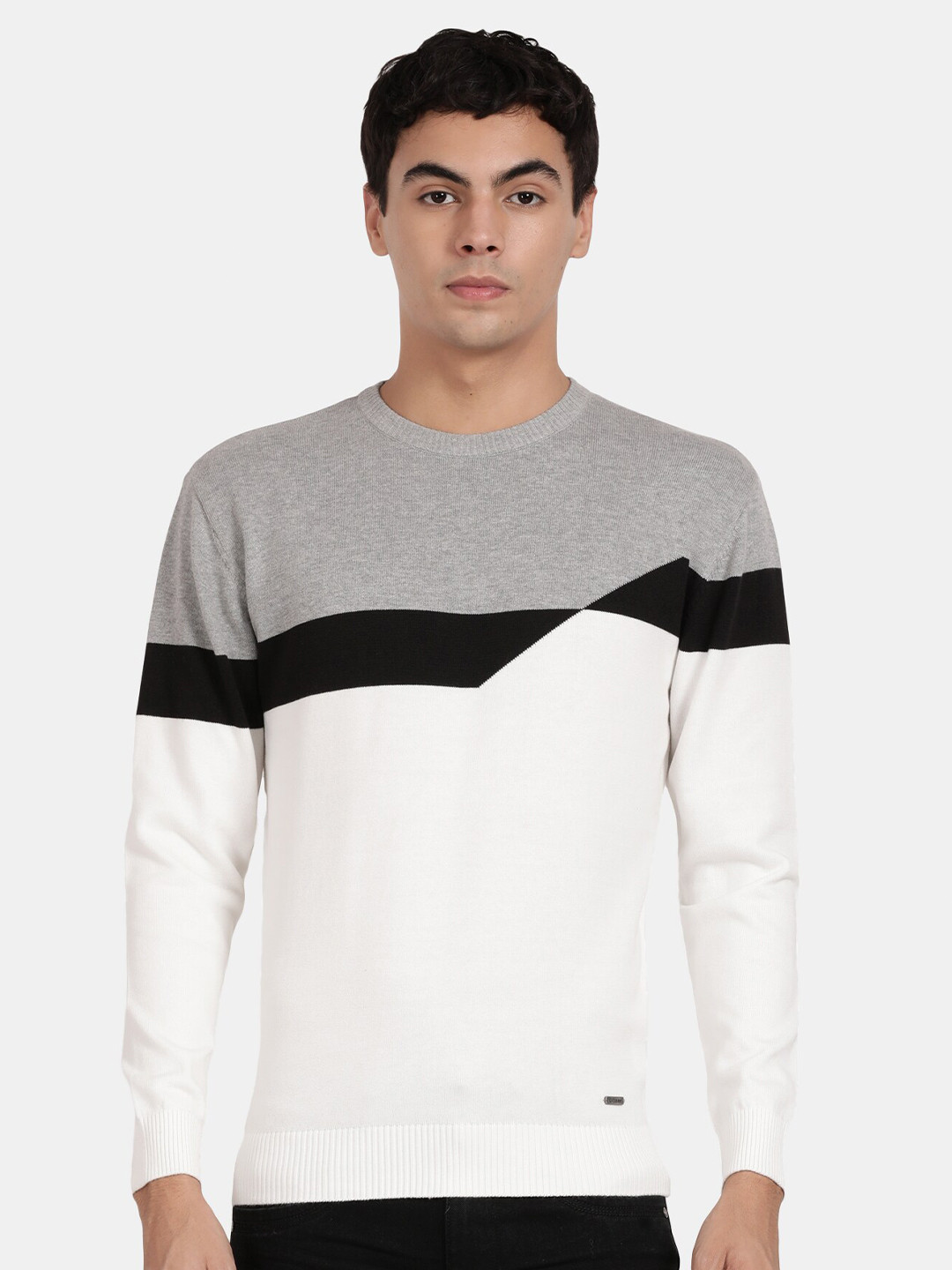 

t-base Men Colourblocked Cotton Pullover, Off white