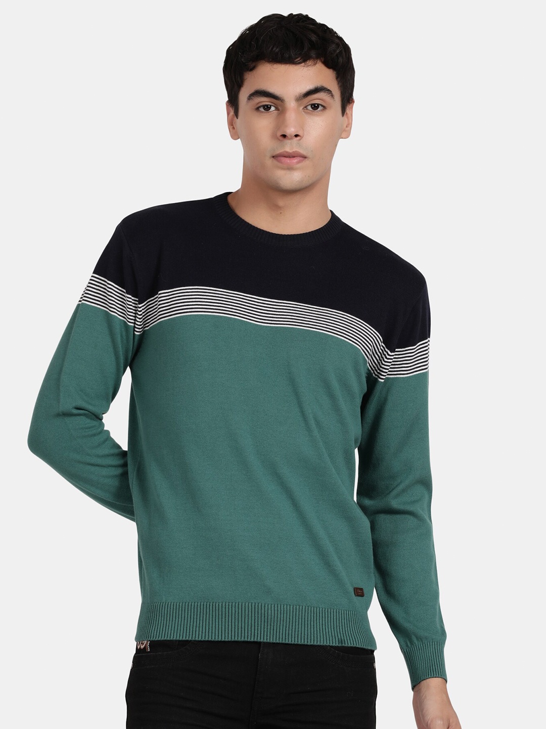 

t-base Men Striped Cotton Pullover, Green