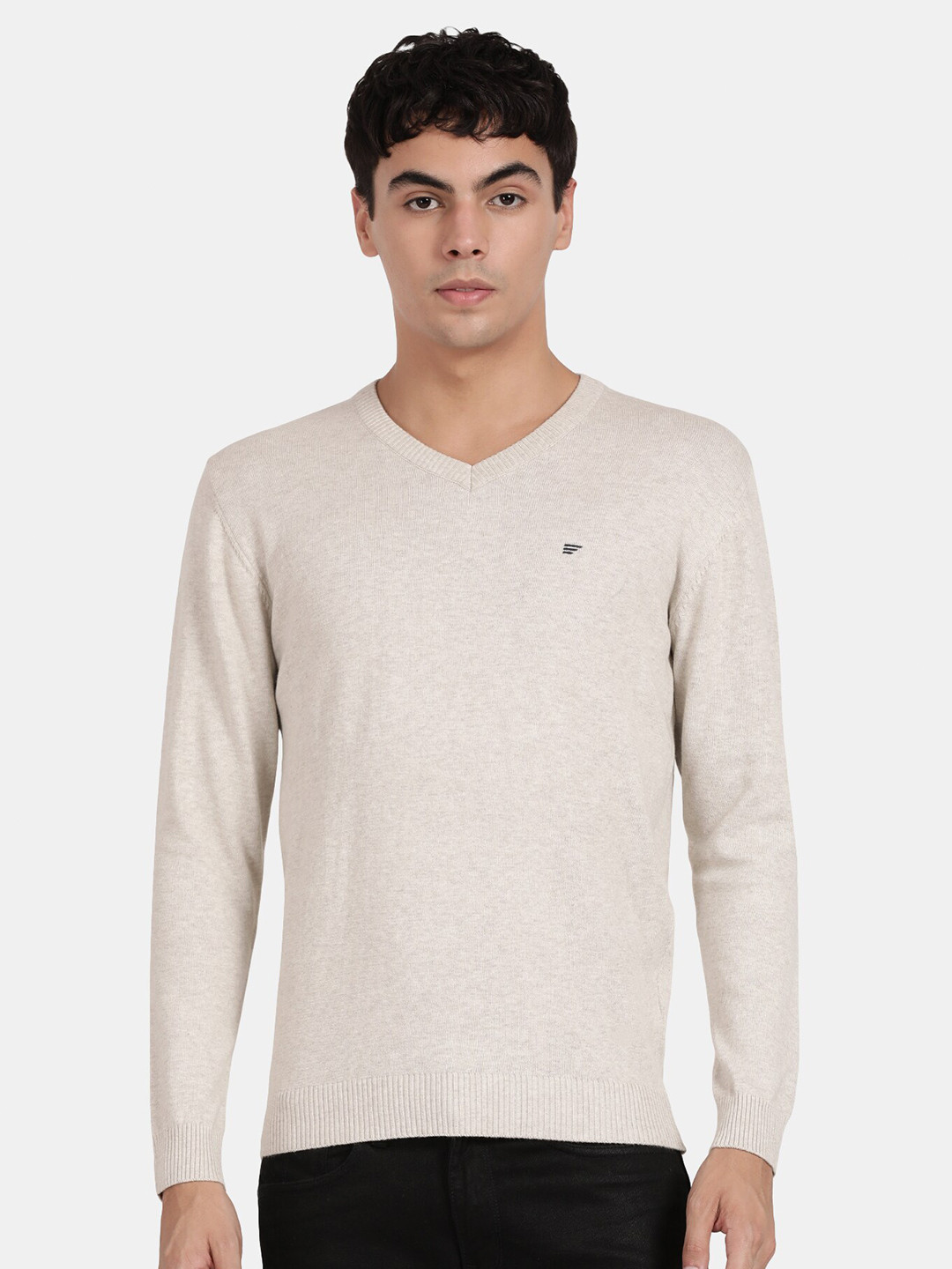 

t-base Men Round Neck Cotton Pullover, Cream