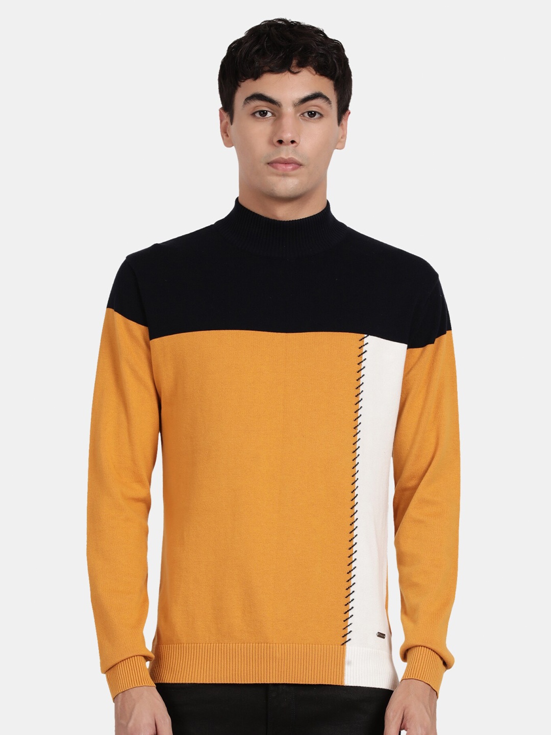 

t-base Men Colourblocked Cotton Pullover, Yellow