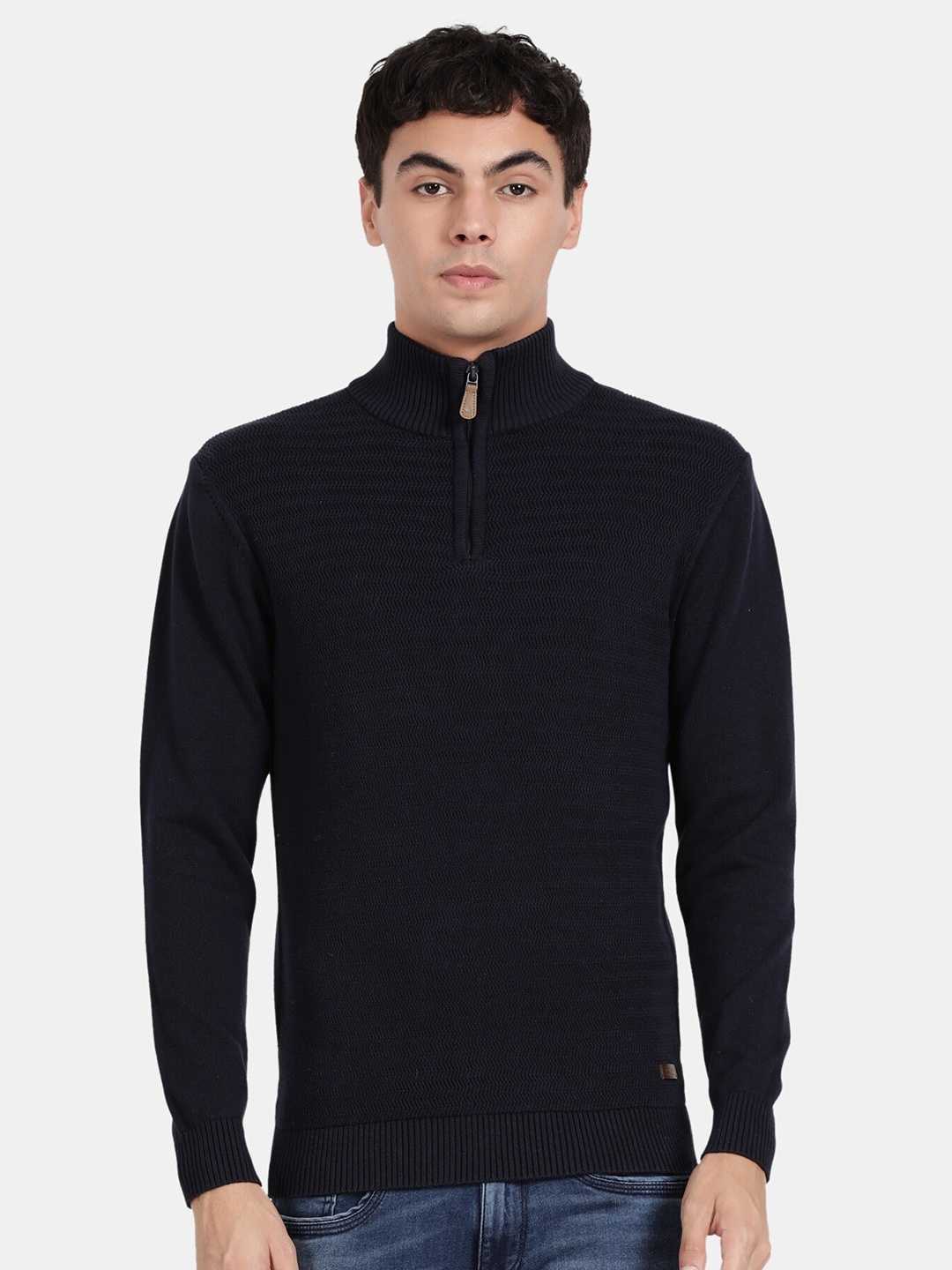 

t-base Men Mock Neck Cotton Pullover, Navy blue