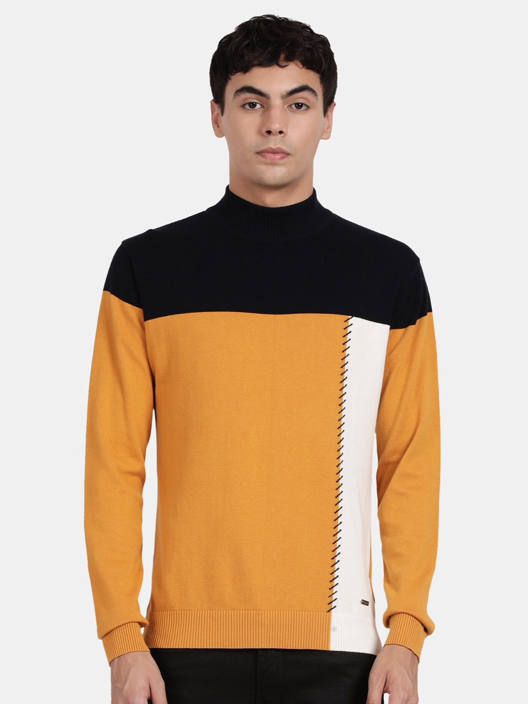 

t-base Men Cotton Colourblocked Pullover, Yellow