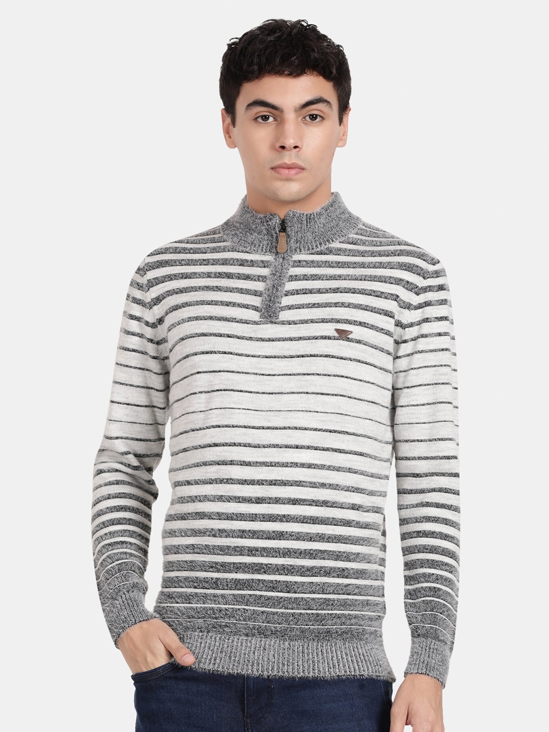 

t-base Men Striped Turtle Neck Wool Pullover, Grey