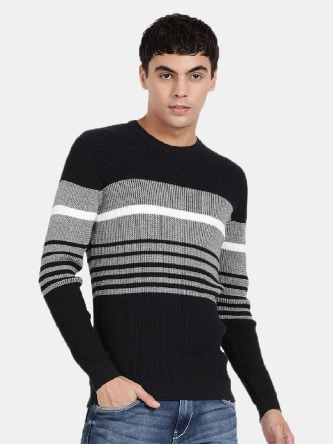 

t-base Men Cotton Striped Pullover, Grey