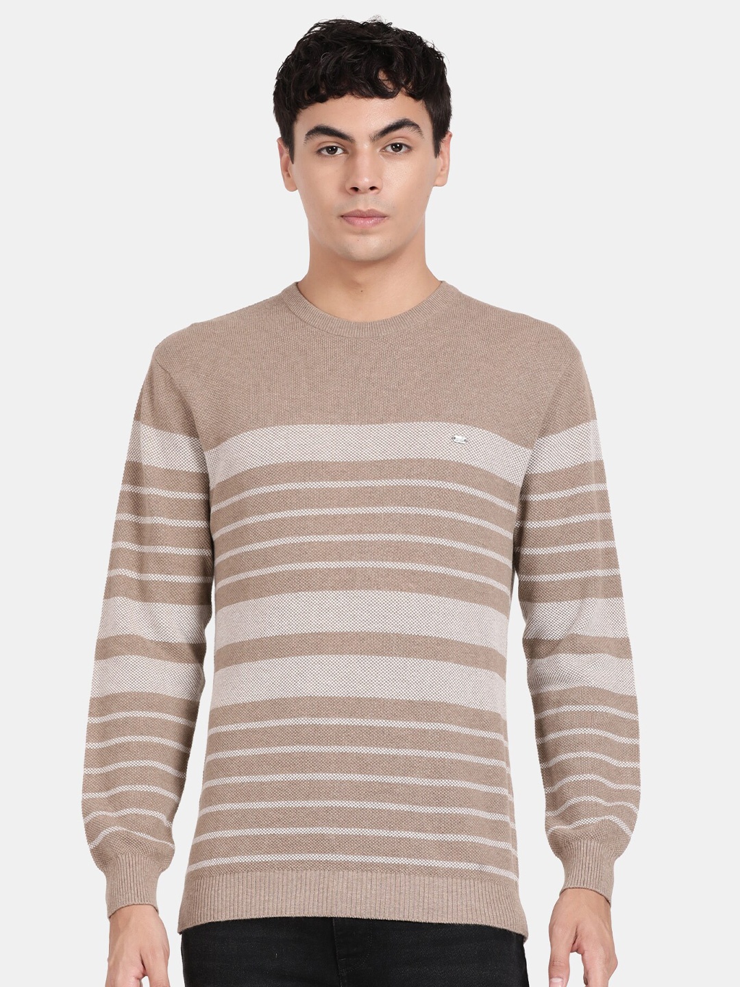 

t-base Men Striped Striped Cotton Pullover, Beige
