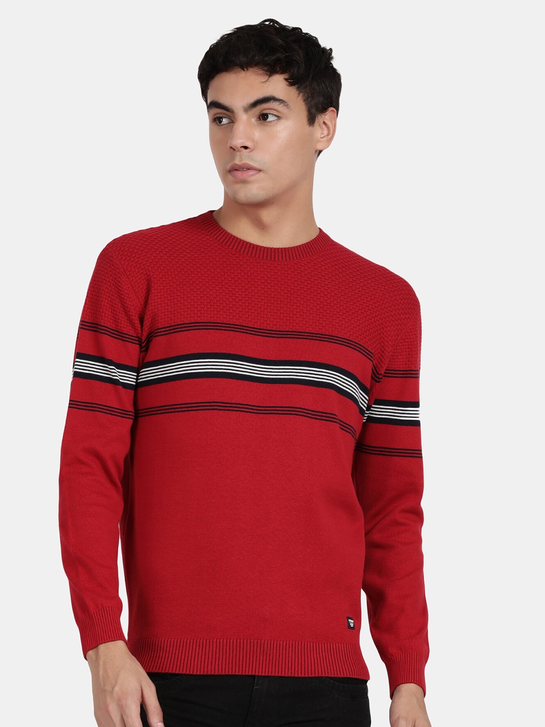 

t-base Men Striped Cotton Pullover, Red