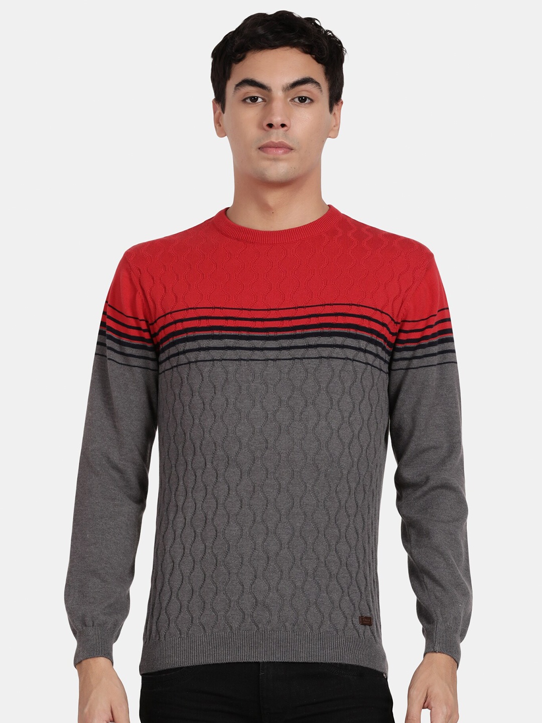 

t-base Men Colourblocked Cotton Pullover, Grey