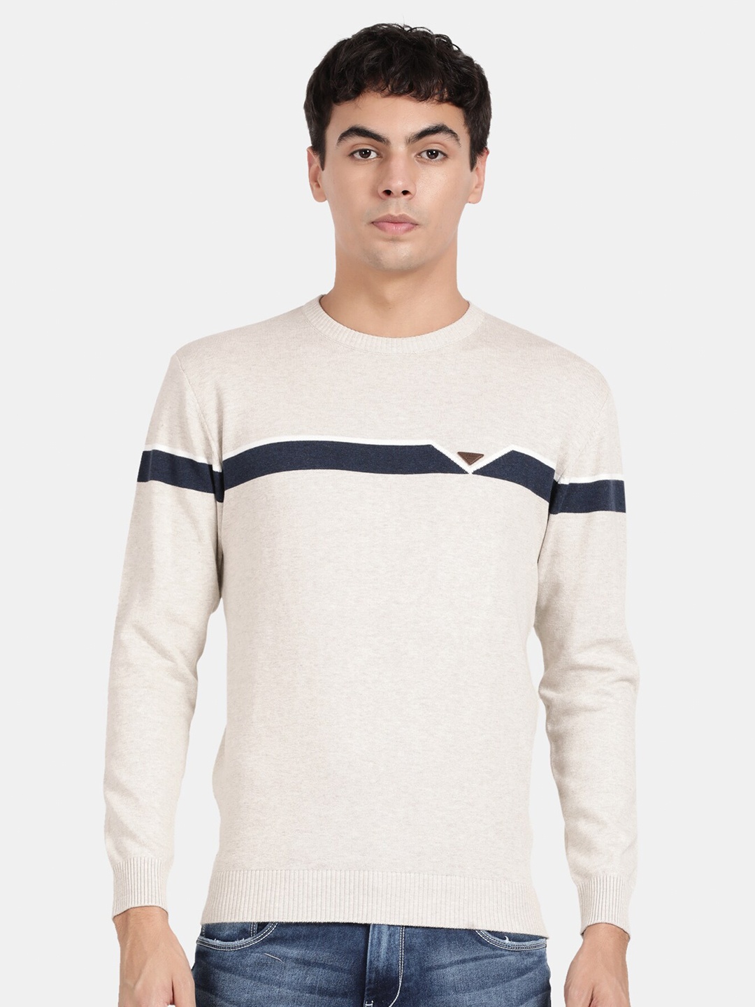 

t-base Men Striped Cotton Pullover, Cream