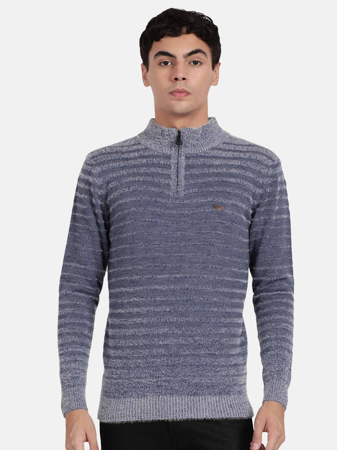 

t-base Mock Collar Striped Woolen Pullover with Fuzzy Detail, Navy blue