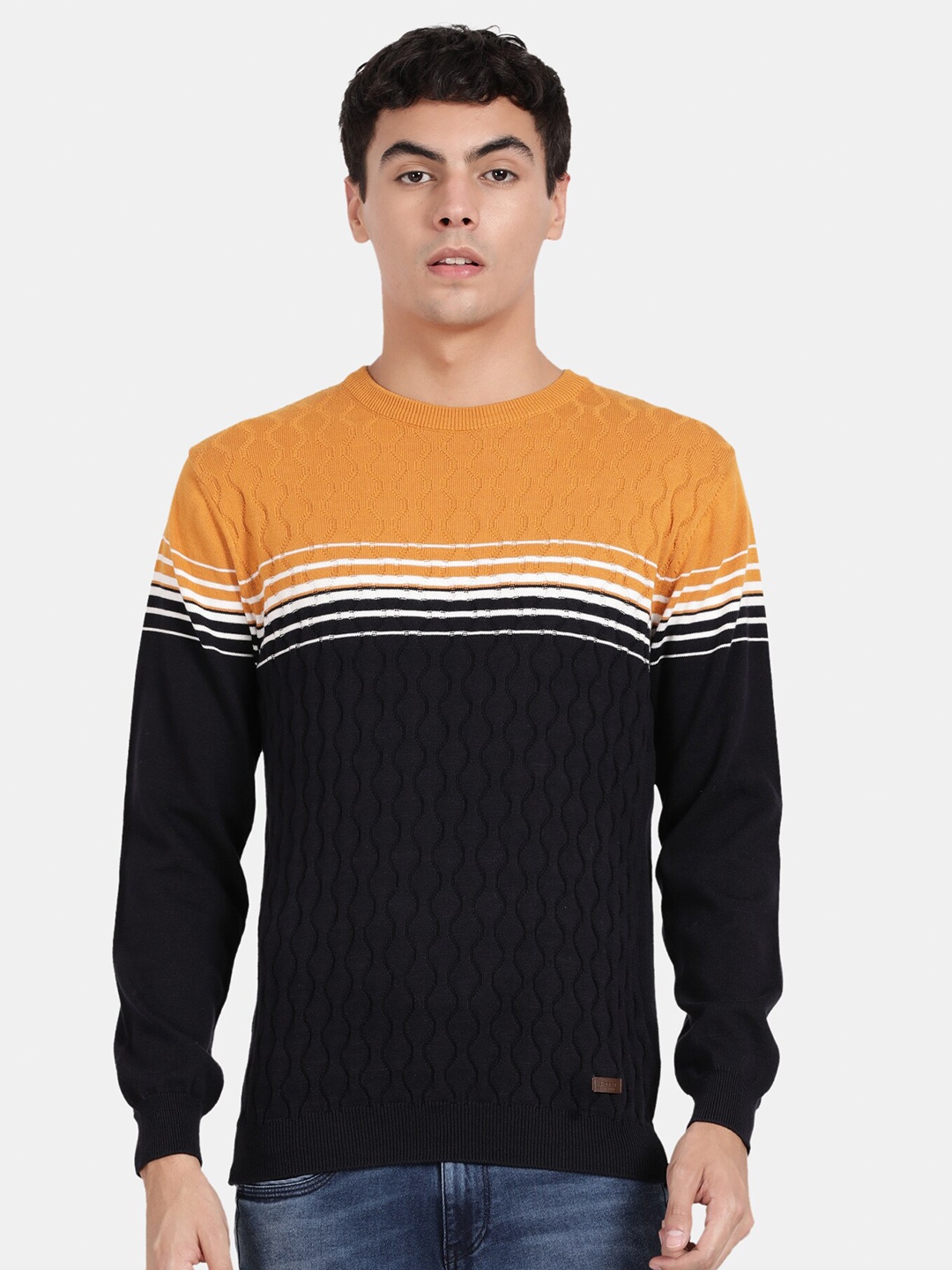 

t-base Men Colourblocked Cotton Pullover, Navy blue