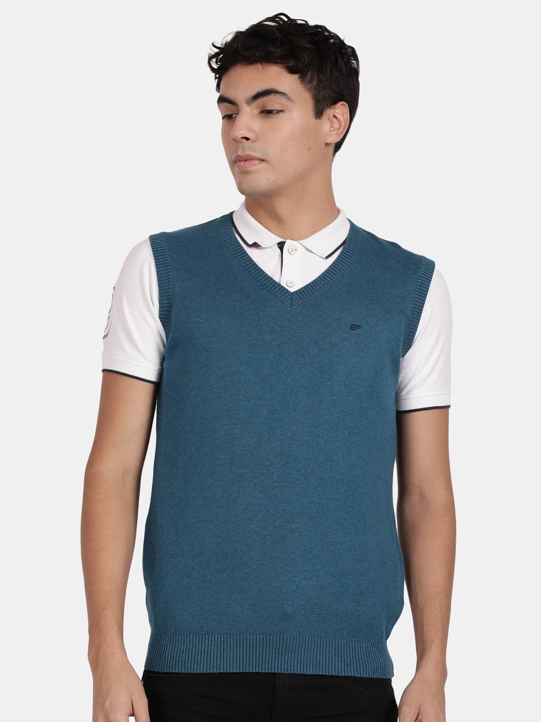 

t-base Plus Size Men V Neck Cotton Vest Sweater, Teal