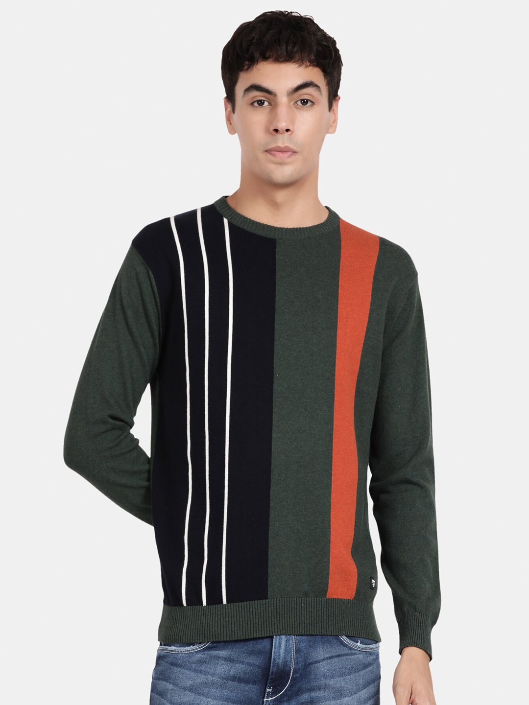 

t-base Men Striped Cotton Pullover Sweater, Green