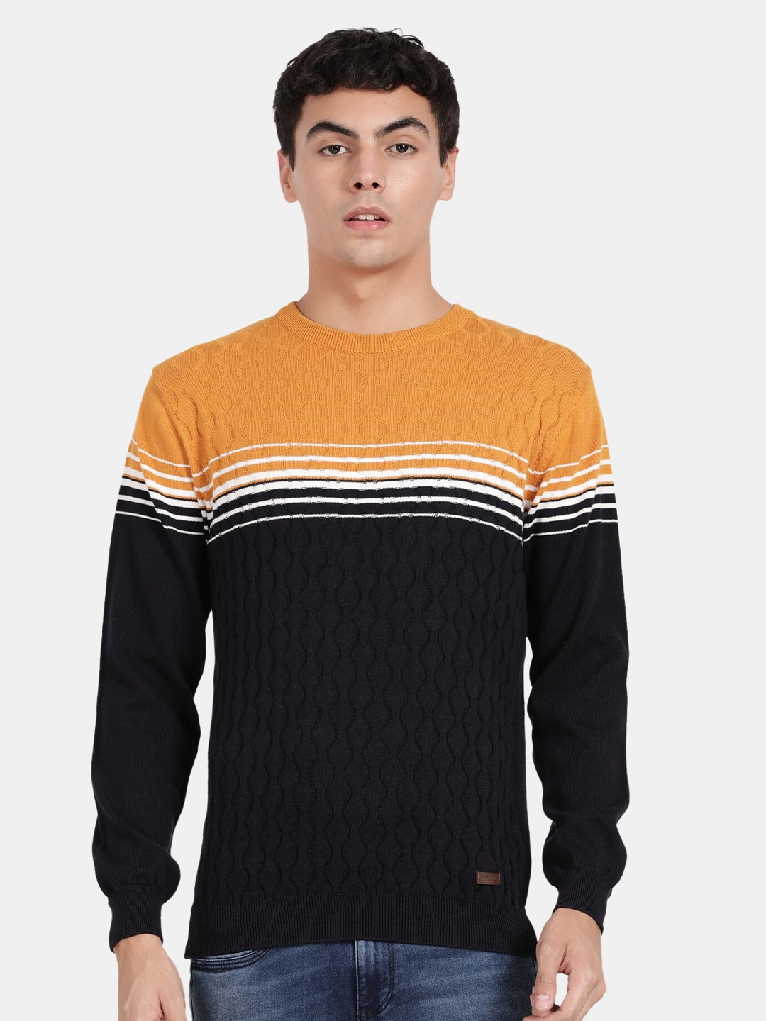 

t-base Men Striped Colourblocked Pullover, Navy blue