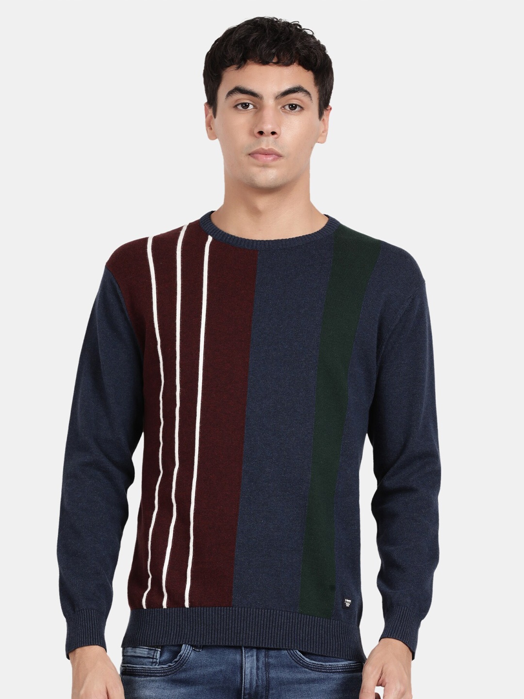 

t-base Men Striped Colourblocked Pullover, Blue