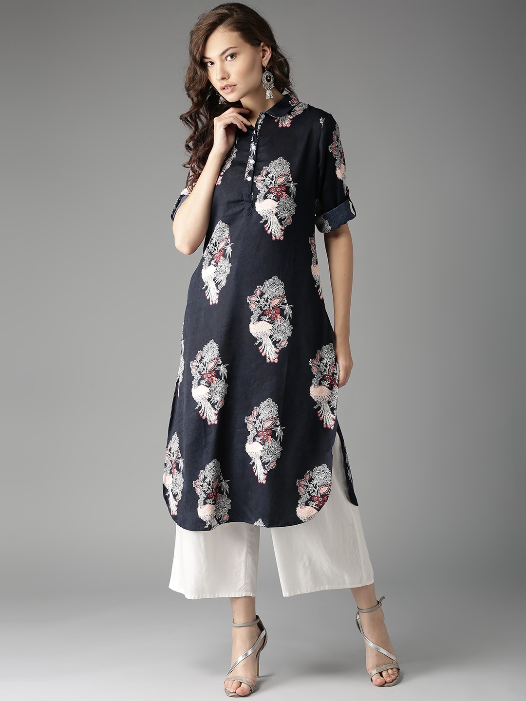 

HERE&NOW Women Navy Printed Straight Kurta, Navy blue