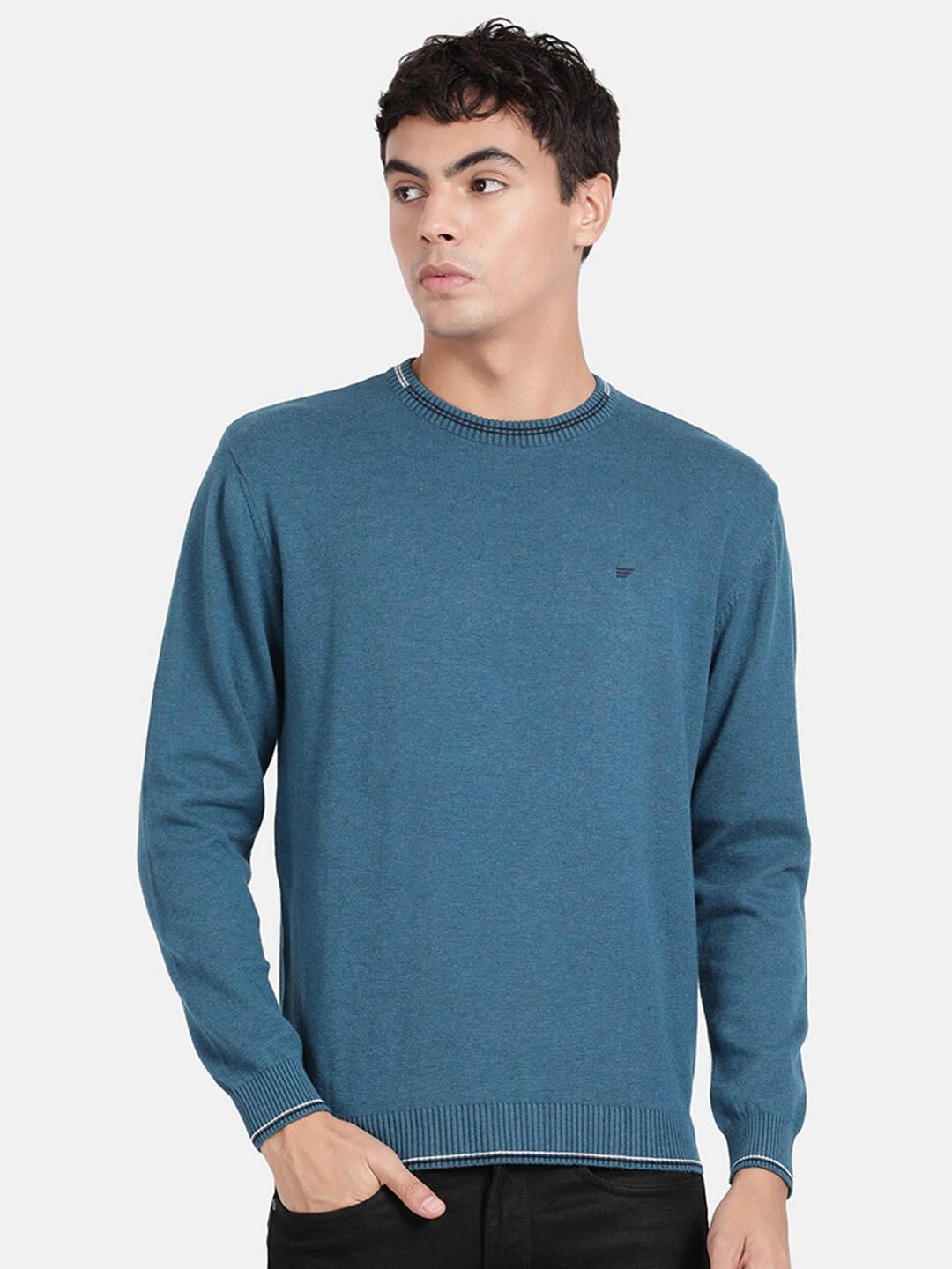 

t-base Men Solid Pullover Cotton Sweater, Teal