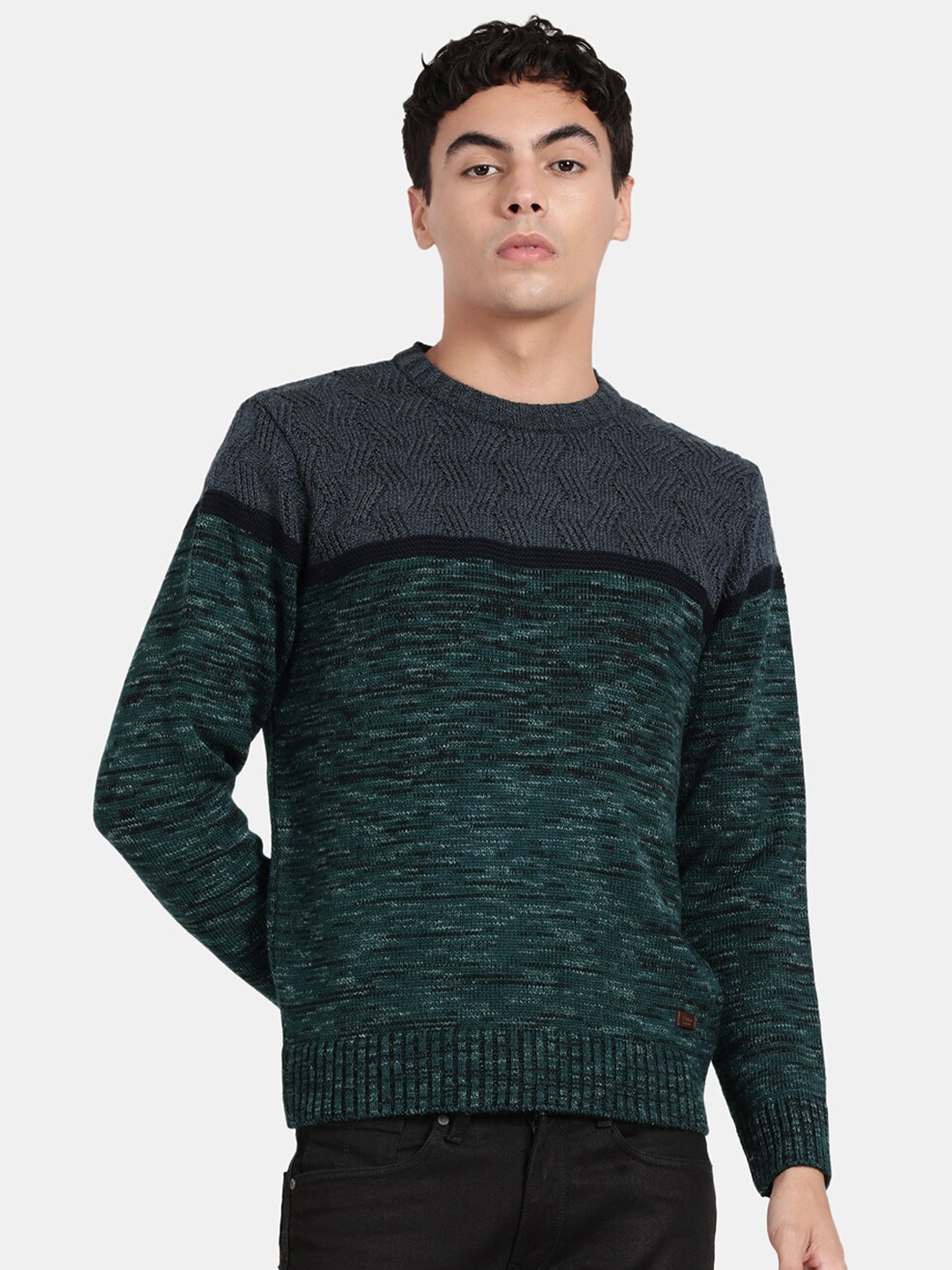 

t-base Men Round Neck Long Sleeves Wool Pullover, Green