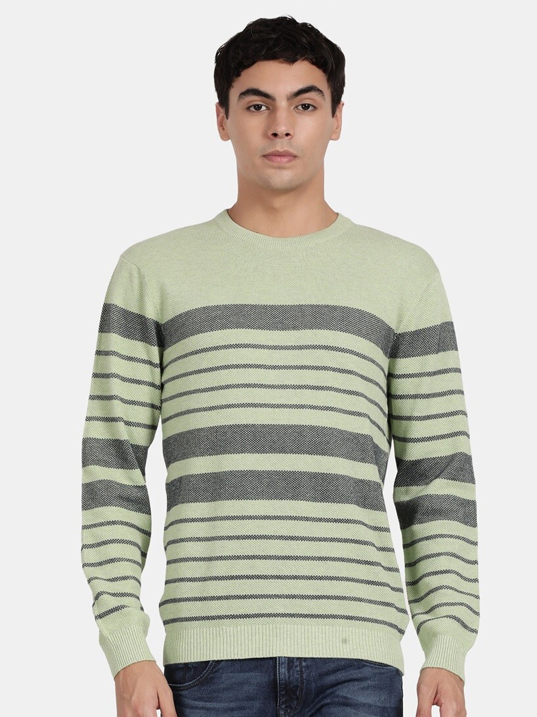 

t-base Men Round Neck Striped Cotton Pullover, Green