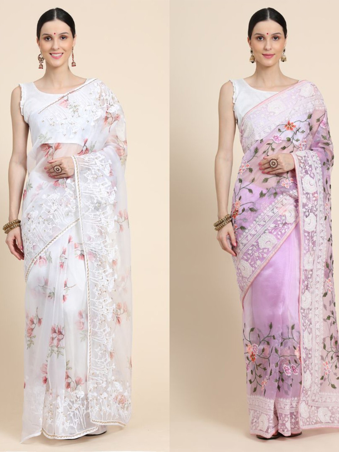 

Vastrasky Floral Phulkari Silk Cotton Mysore Silk Saree, White