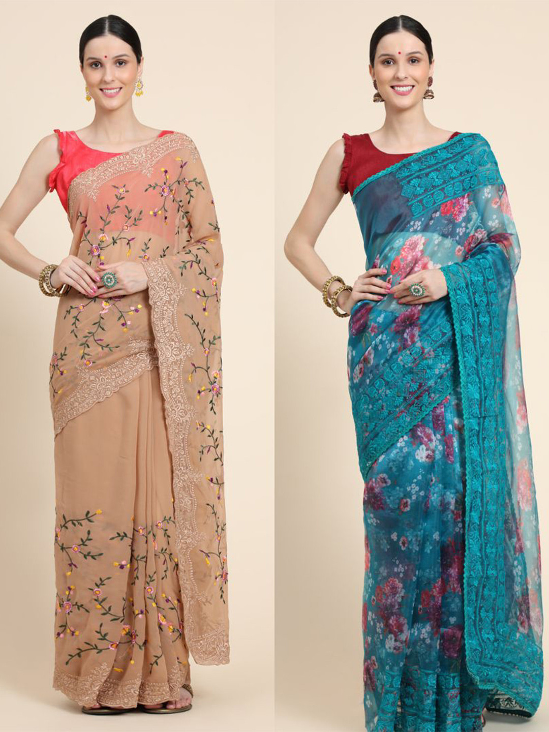 

Vastrasky Global Pack of 2 Floral Embroidered Silk Cotton Mysore Silk Saree, Blue