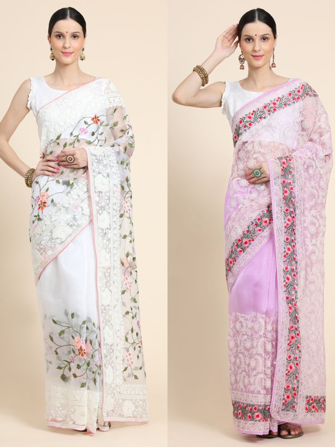 

Vastrasky Global Pack of 2 Floral Embroidered Silk Cotton Mysore Silk Saree, White